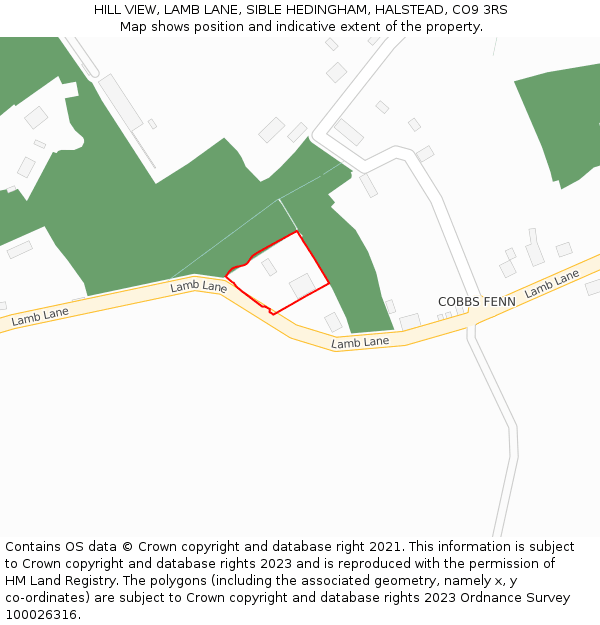 HILL VIEW, LAMB LANE, SIBLE HEDINGHAM, HALSTEAD, CO9 3RS: Location map and indicative extent of plot