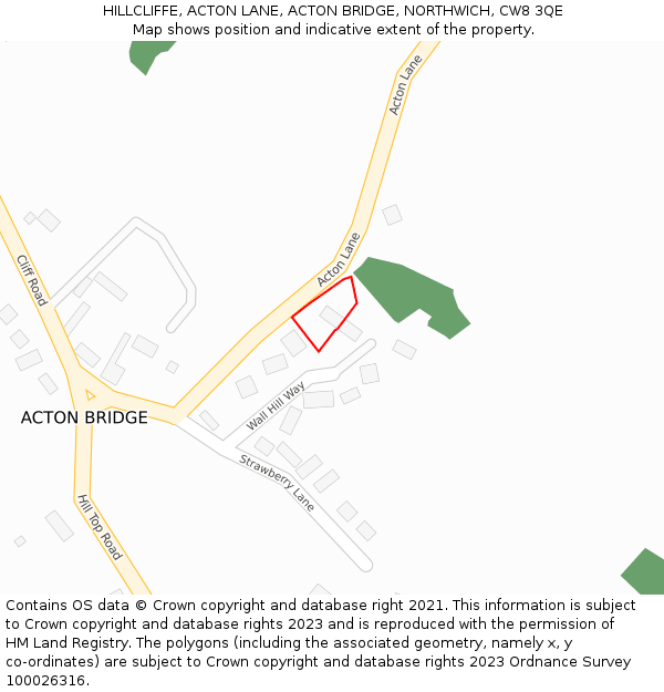 HILLCLIFFE, ACTON LANE, ACTON BRIDGE, NORTHWICH, CW8 3QE: Location map and indicative extent of plot