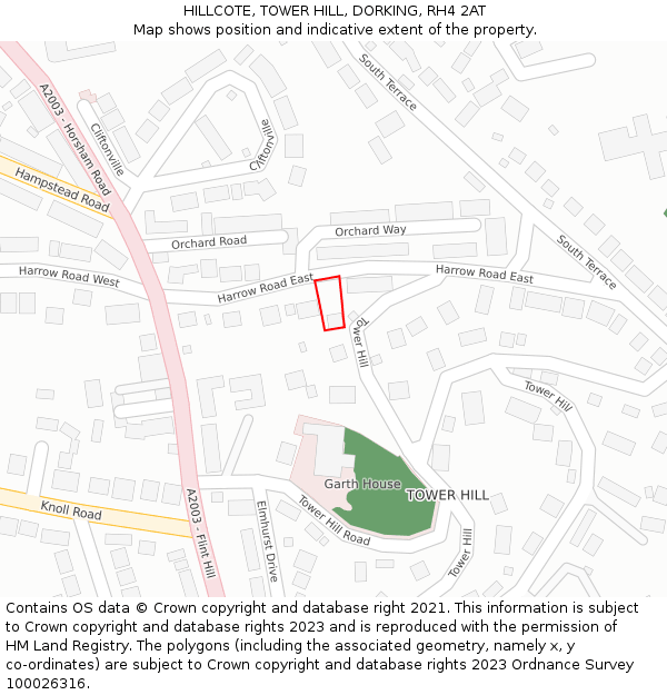 HILLCOTE, TOWER HILL, DORKING, RH4 2AT: Location map and indicative extent of plot