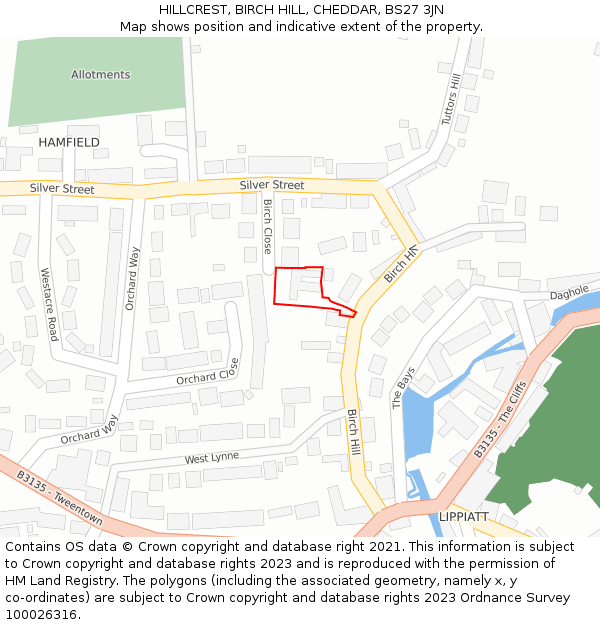 HILLCREST, BIRCH HILL, CHEDDAR, BS27 3JN: Location map and indicative extent of plot