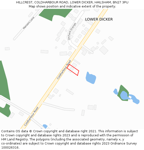 HILLCREST, COLDHARBOUR ROAD, LOWER DICKER, HAILSHAM, BN27 3PU: Location map and indicative extent of plot