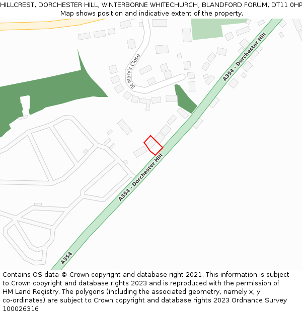 HILLCREST, DORCHESTER HILL, WINTERBORNE WHITECHURCH, BLANDFORD FORUM, DT11 0HP: Location map and indicative extent of plot