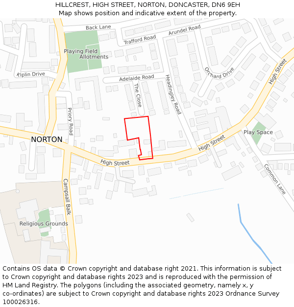 HILLCREST, HIGH STREET, NORTON, DONCASTER, DN6 9EH: Location map and indicative extent of plot