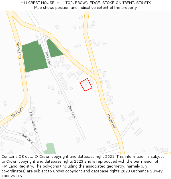 HILLCREST HOUSE, HILL TOP, BROWN EDGE, STOKE-ON-TRENT, ST6 8TX: Location map and indicative extent of plot