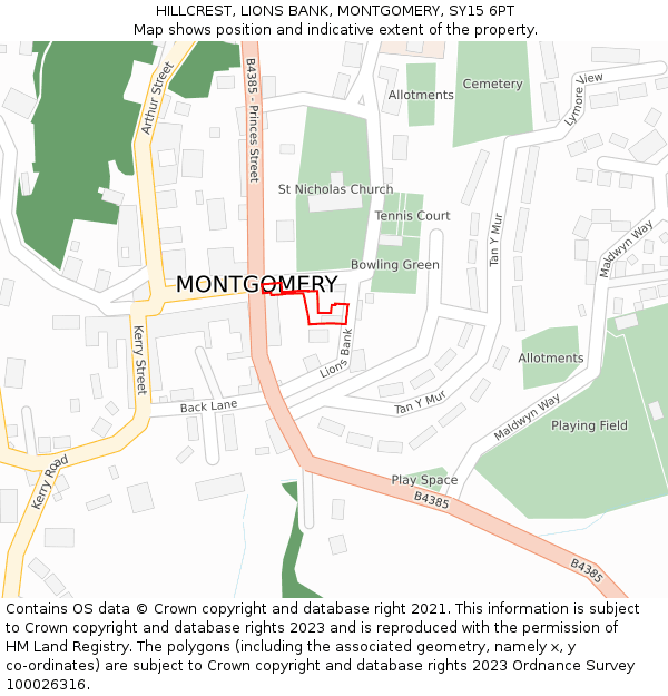 HILLCREST, LIONS BANK, MONTGOMERY, SY15 6PT: Location map and indicative extent of plot