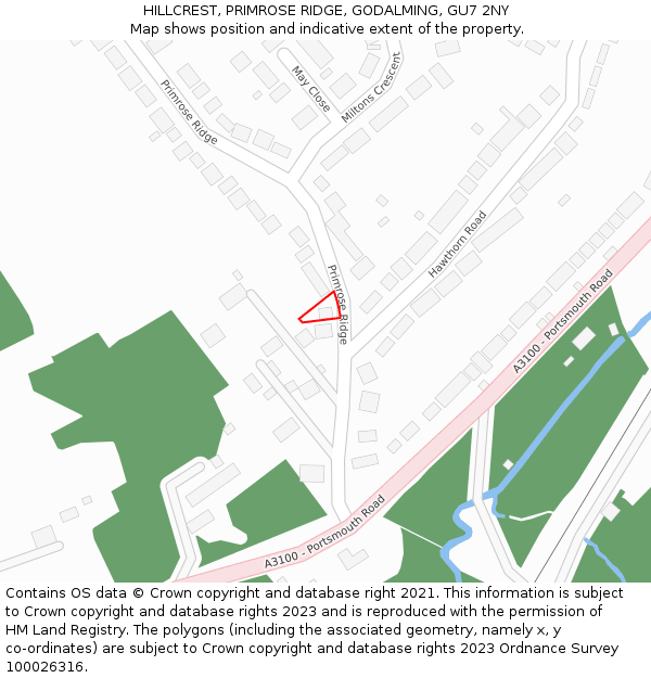 HILLCREST, PRIMROSE RIDGE, GODALMING, GU7 2NY: Location map and indicative extent of plot