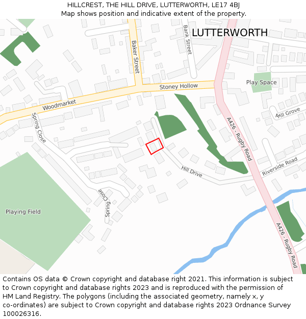 HILLCREST, THE HILL DRIVE, LUTTERWORTH, LE17 4BJ: Location map and indicative extent of plot