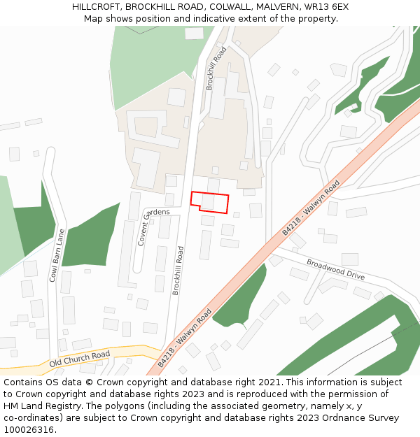 HILLCROFT, BROCKHILL ROAD, COLWALL, MALVERN, WR13 6EX: Location map and indicative extent of plot