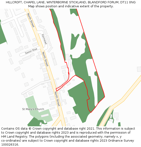 HILLCROFT, CHAPEL LANE, WINTERBORNE STICKLAND, BLANDFORD FORUM, DT11 0NG: Location map and indicative extent of plot