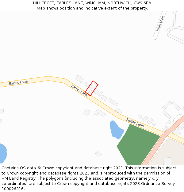 HILLCROFT, EARLES LANE, WINCHAM, NORTHWICH, CW9 6EA: Location map and indicative extent of plot