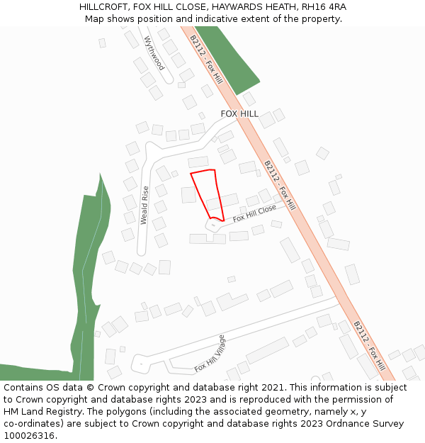 HILLCROFT, FOX HILL CLOSE, HAYWARDS HEATH, RH16 4RA: Location map and indicative extent of plot