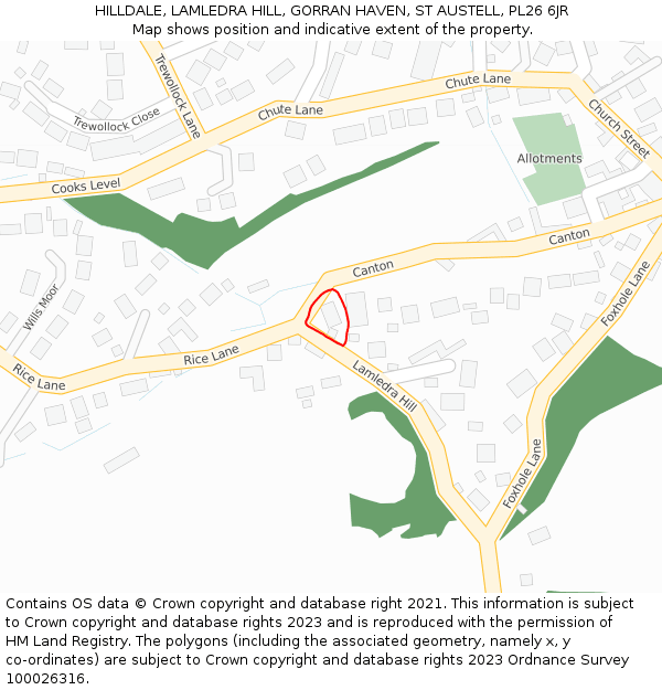 HILLDALE, LAMLEDRA HILL, GORRAN HAVEN, ST AUSTELL, PL26 6JR: Location map and indicative extent of plot