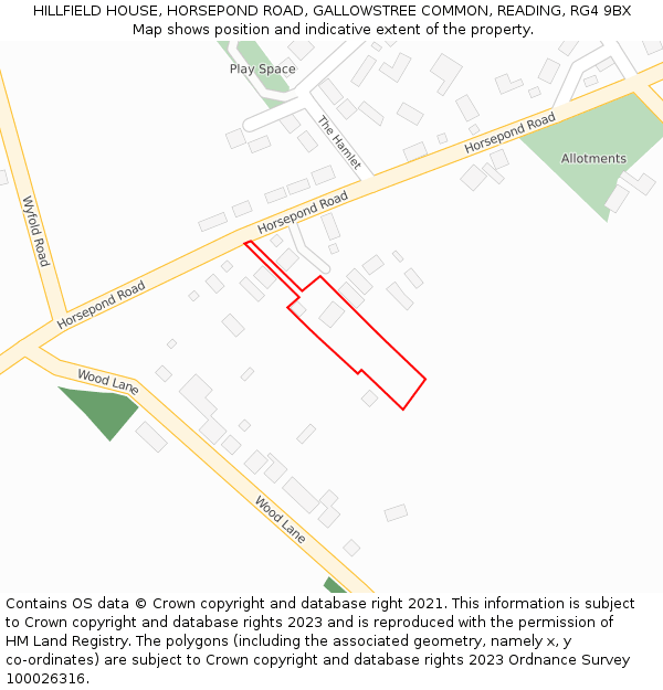 HILLFIELD HOUSE, HORSEPOND ROAD, GALLOWSTREE COMMON, READING, RG4 9BX: Location map and indicative extent of plot