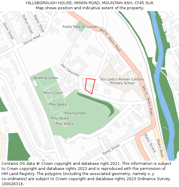 HILLSBOROUGH HOUSE, MISKIN ROAD, MOUNTAIN ASH, CF45 3UA: Location map and indicative extent of plot