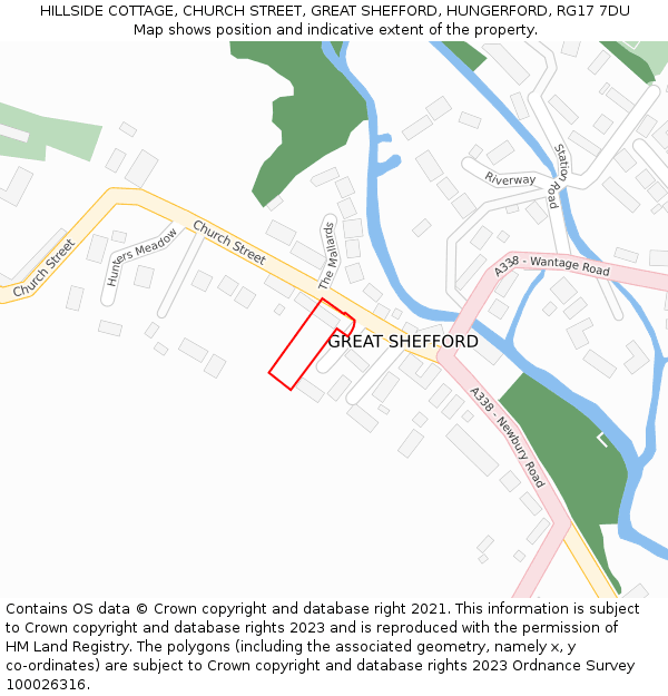 HILLSIDE COTTAGE, CHURCH STREET, GREAT SHEFFORD, HUNGERFORD, RG17 7DU: Location map and indicative extent of plot