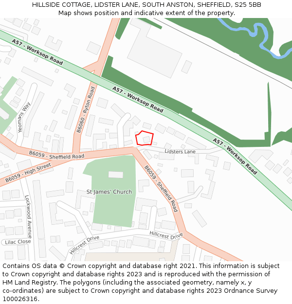 HILLSIDE COTTAGE, LIDSTER LANE, SOUTH ANSTON, SHEFFIELD, S25 5BB: Location map and indicative extent of plot