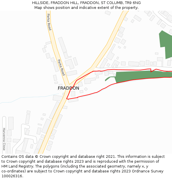 HILLSIDE, FRADDON HILL, FRADDON, ST COLUMB, TR9 6NG: Location map and indicative extent of plot