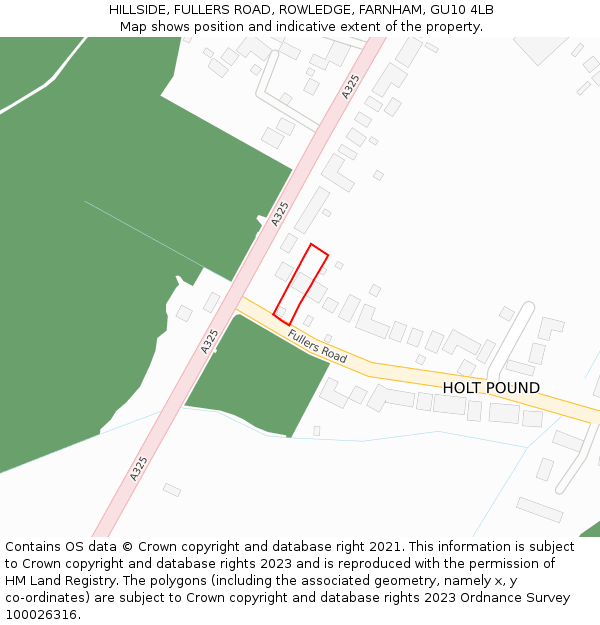 HILLSIDE, FULLERS ROAD, ROWLEDGE, FARNHAM, GU10 4LB: Location map and indicative extent of plot