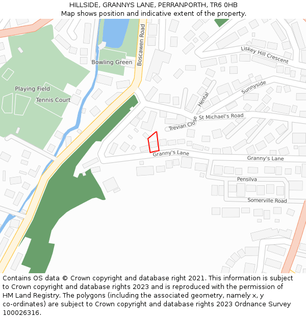 HILLSIDE, GRANNYS LANE, PERRANPORTH, TR6 0HB: Location map and indicative extent of plot