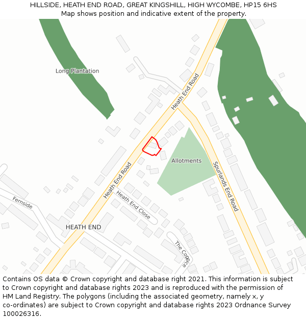 HILLSIDE, HEATH END ROAD, GREAT KINGSHILL, HIGH WYCOMBE, HP15 6HS: Location map and indicative extent of plot