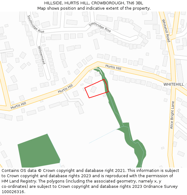 HILLSIDE, HURTIS HILL, CROWBOROUGH, TN6 3BL: Location map and indicative extent of plot