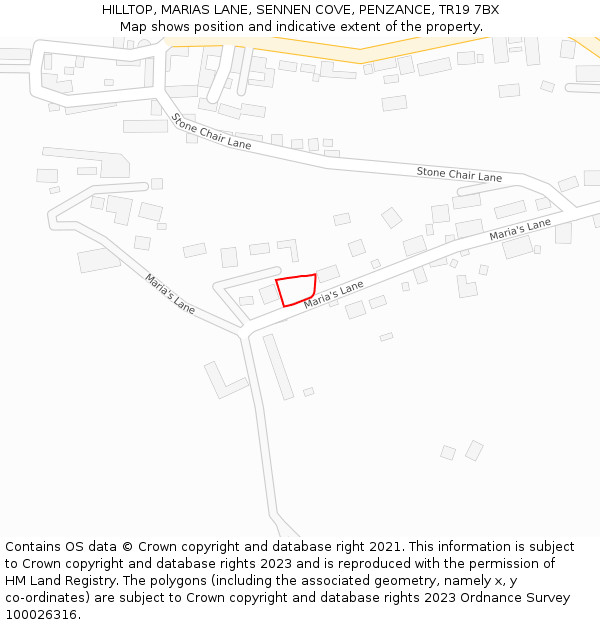 HILLTOP, MARIAS LANE, SENNEN COVE, PENZANCE, TR19 7BX: Location map and indicative extent of plot