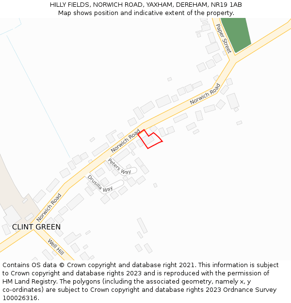 HILLY FIELDS, NORWICH ROAD, YAXHAM, DEREHAM, NR19 1AB: Location map and indicative extent of plot