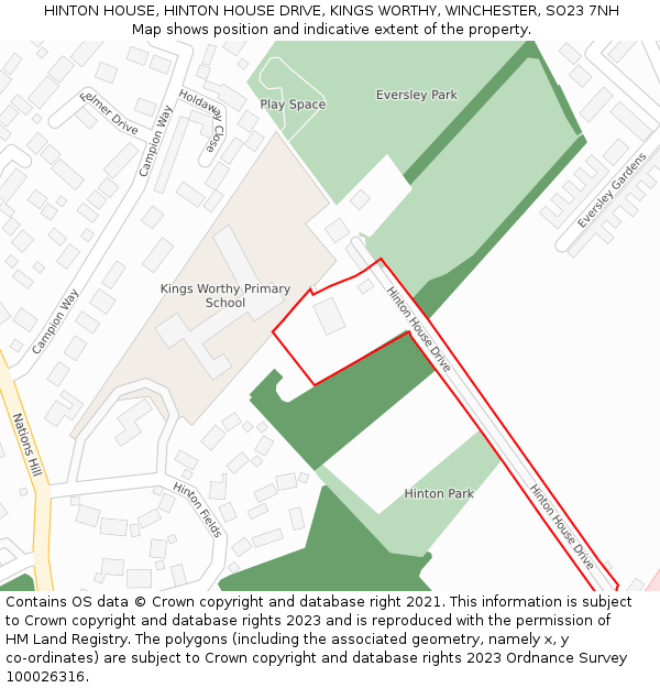 HINTON HOUSE, HINTON HOUSE DRIVE, KINGS WORTHY, WINCHESTER, SO23 7NH: Location map and indicative extent of plot