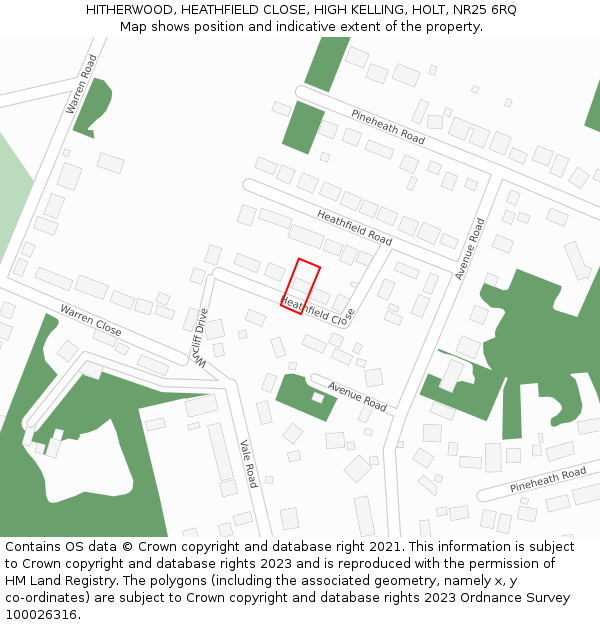 HITHERWOOD, HEATHFIELD CLOSE, HIGH KELLING, HOLT, NR25 6RQ: Location map and indicative extent of plot