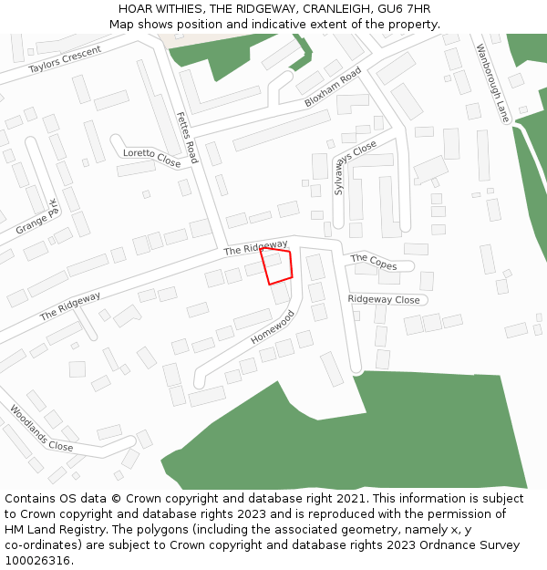 HOAR WITHIES, THE RIDGEWAY, CRANLEIGH, GU6 7HR: Location map and indicative extent of plot