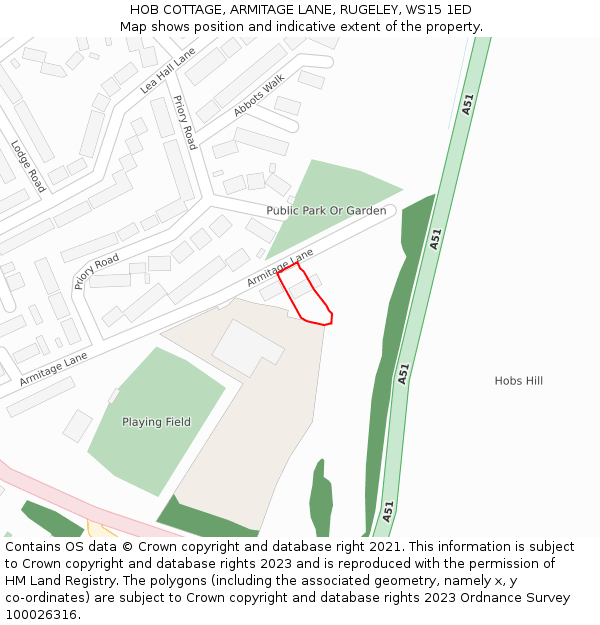 HOB COTTAGE, ARMITAGE LANE, RUGELEY, WS15 1ED: Location map and indicative extent of plot