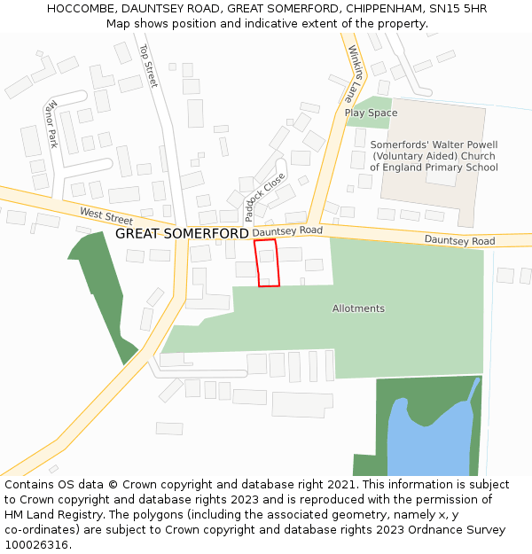 HOCCOMBE, DAUNTSEY ROAD, GREAT SOMERFORD, CHIPPENHAM, SN15 5HR: Location map and indicative extent of plot