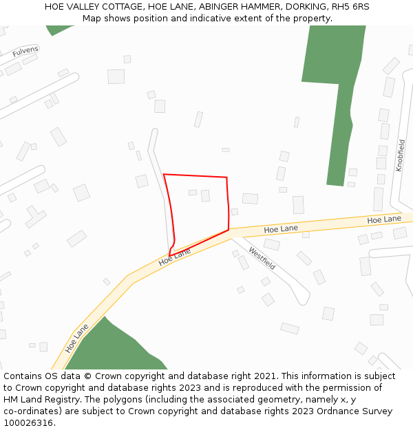 HOE VALLEY COTTAGE, HOE LANE, ABINGER HAMMER, DORKING, RH5 6RS: Location map and indicative extent of plot