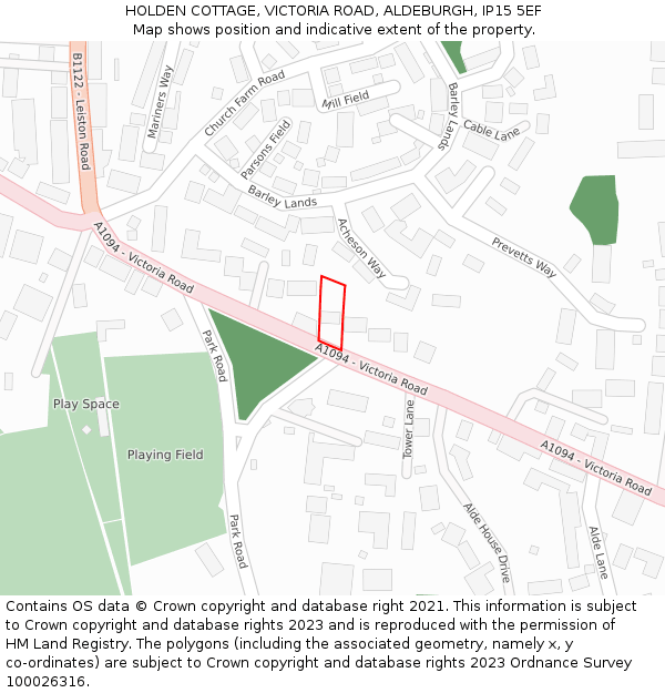 HOLDEN COTTAGE, VICTORIA ROAD, ALDEBURGH, IP15 5EF: Location map and indicative extent of plot