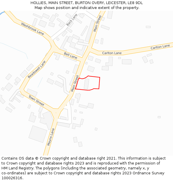 HOLLIES, MAIN STREET, BURTON OVERY, LEICESTER, LE8 9DL: Location map and indicative extent of plot