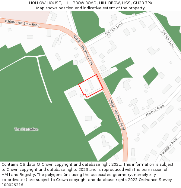 HOLLOW HOUSE, HILL BROW ROAD, HILL BROW, LISS, GU33 7PX: Location map and indicative extent of plot