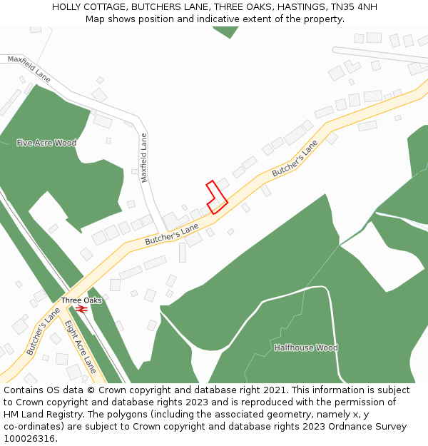 HOLLY COTTAGE, BUTCHERS LANE, THREE OAKS, HASTINGS, TN35 4NH: Location map and indicative extent of plot