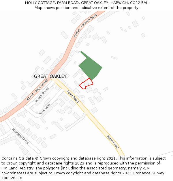 HOLLY COTTAGE, FARM ROAD, GREAT OAKLEY, HARWICH, CO12 5AL: Location map and indicative extent of plot