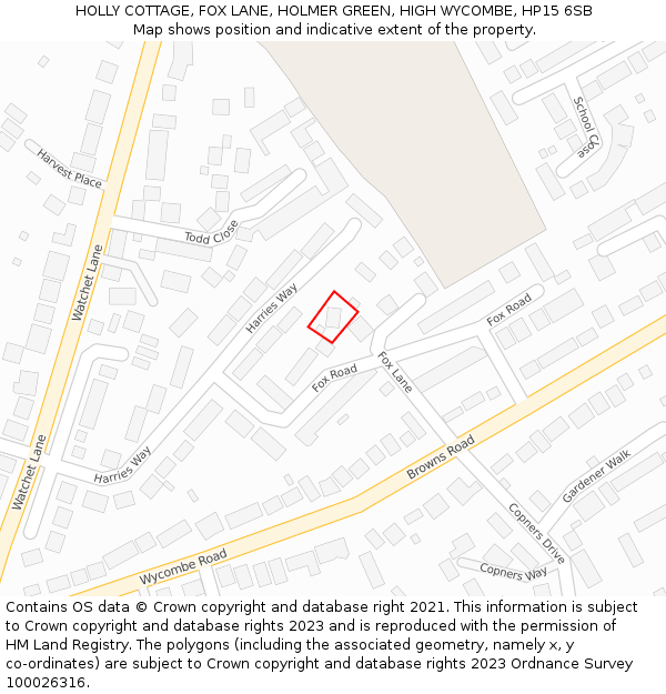 HOLLY COTTAGE, FOX LANE, HOLMER GREEN, HIGH WYCOMBE, HP15 6SB: Location map and indicative extent of plot