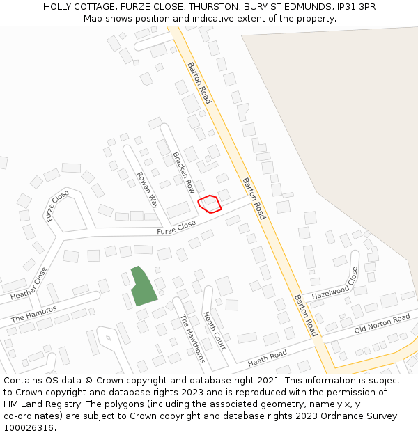 HOLLY COTTAGE, FURZE CLOSE, THURSTON, BURY ST EDMUNDS, IP31 3PR: Location map and indicative extent of plot