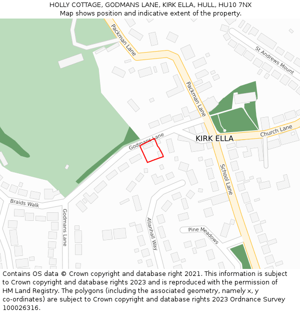 HOLLY COTTAGE, GODMANS LANE, KIRK ELLA, HULL, HU10 7NX: Location map and indicative extent of plot