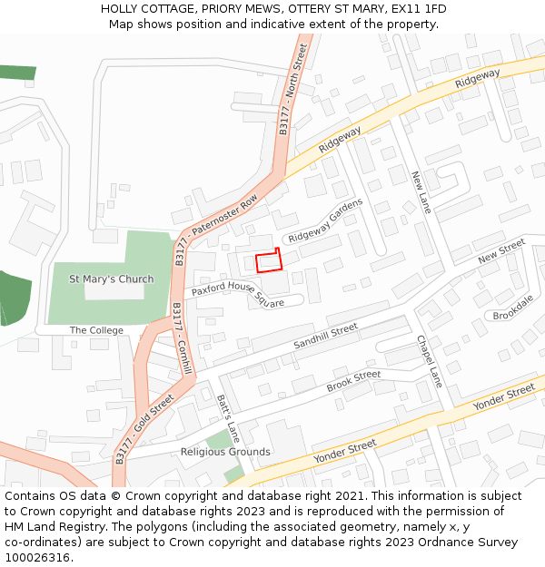 HOLLY COTTAGE, PRIORY MEWS, OTTERY ST MARY, EX11 1FD: Location map and indicative extent of plot