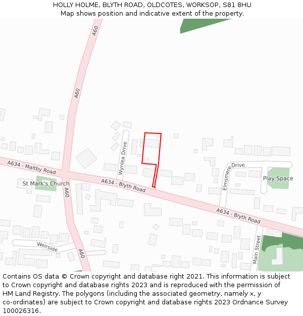 HOLLY HOLME, BLYTH ROAD, OLDCOTES, WORKSOP, S81 8HU: Location map and indicative extent of plot