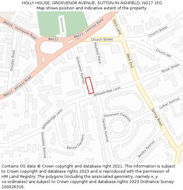 HOLLY HOUSE, GROSVENOR AVENUE, SUTTON-IN-ASHFIELD, NG17 1FG: Location map and indicative extent of plot