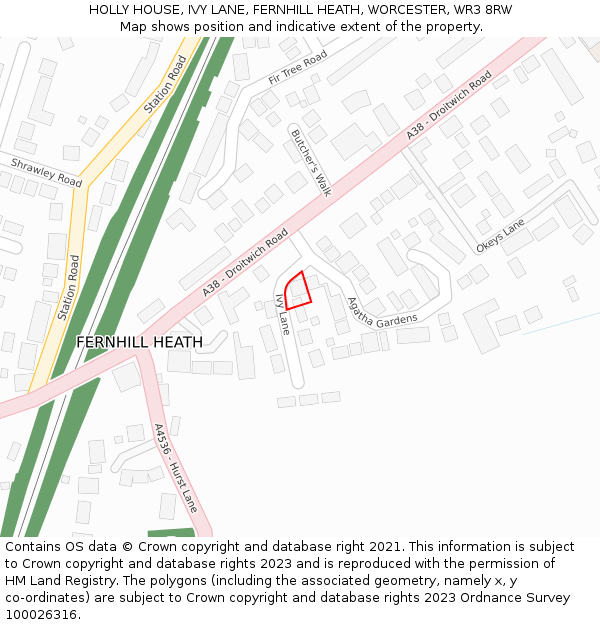 HOLLY HOUSE, IVY LANE, FERNHILL HEATH, WORCESTER, WR3 8RW: Location map and indicative extent of plot