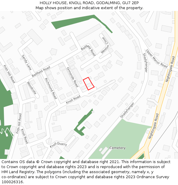 HOLLY HOUSE, KNOLL ROAD, GODALMING, GU7 2EP: Location map and indicative extent of plot