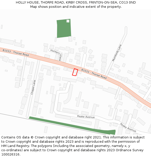 HOLLY HOUSE, THORPE ROAD, KIRBY CROSS, FRINTON-ON-SEA, CO13 0ND: Location map and indicative extent of plot