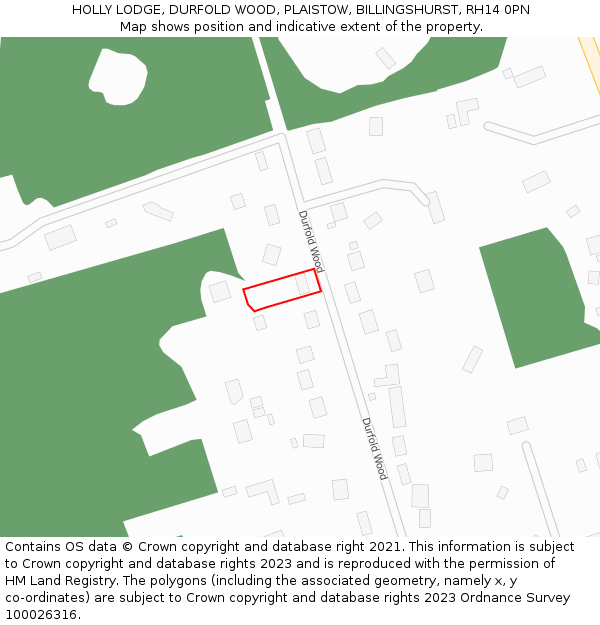 HOLLY LODGE, DURFOLD WOOD, PLAISTOW, BILLINGSHURST, RH14 0PN: Location map and indicative extent of plot