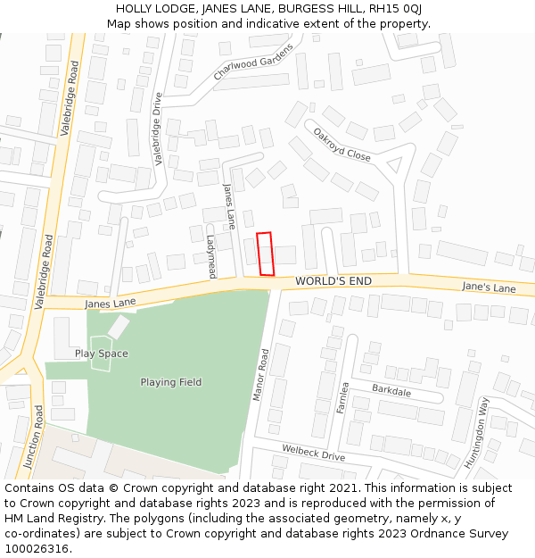 HOLLY LODGE, JANES LANE, BURGESS HILL, RH15 0QJ: Location map and indicative extent of plot