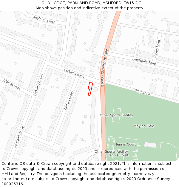 HOLLY LODGE, PARKLAND ROAD, ASHFORD, TW15 2JG: Location map and indicative extent of plot